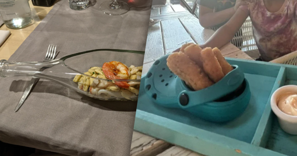 Restaurants hassen Teller , Beispiel: Links Pasta serviert in einer Flasche, rechts Fischstäbchen in einem Schuh