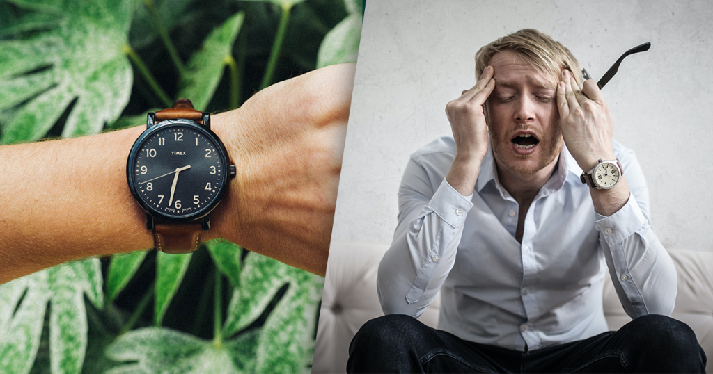 Eine Uhr und ein offensichtlich müder Mann - bei der Zeitumstellung wird die Uhr dieses Wochenende um eine Stunde vorgestellt, wodurch man weniger Schlaf bekommt