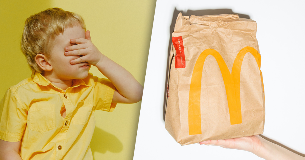 links: Kind, rechts: Tüte von McDonalds, Kindersprüche Worte