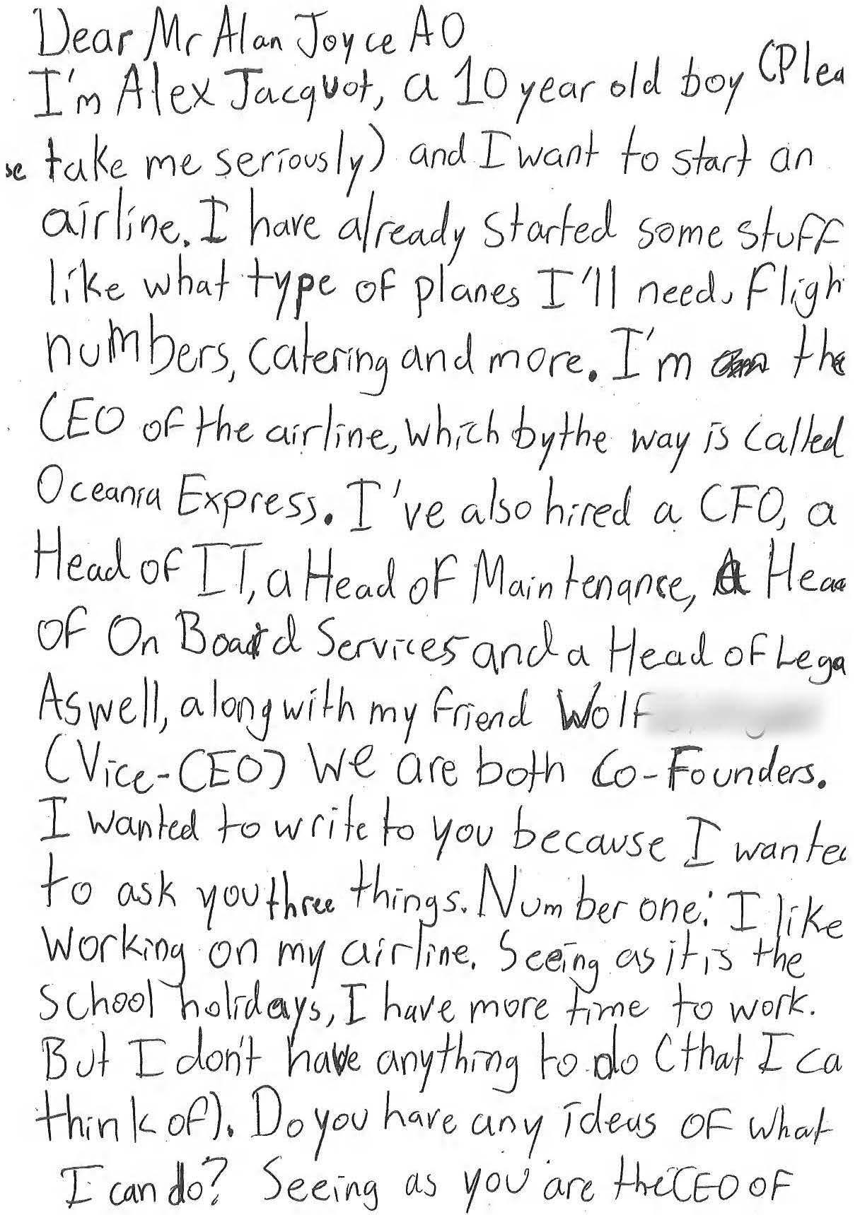 Airline CEO responds to adorable letter from 9-year-old Alex