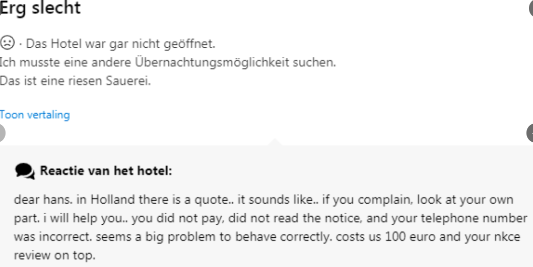 vis Verwijdering vruchten Hotel bijt van zich af en reageert fel op slechte online reviews