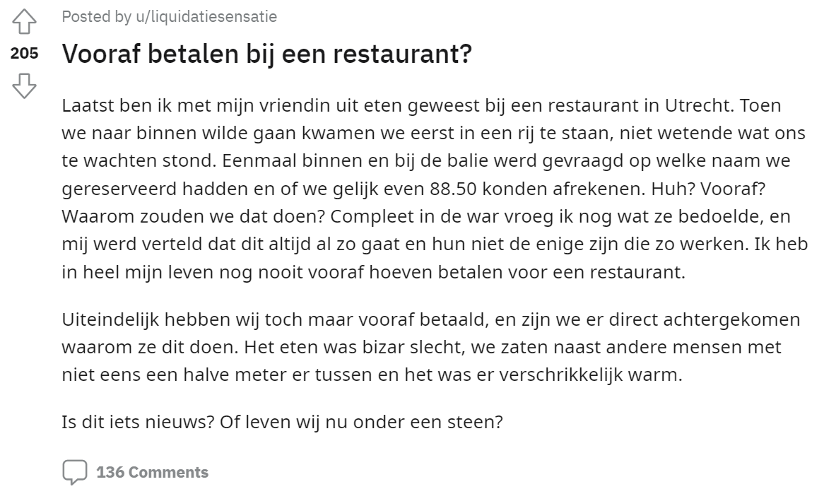 Restaurantgast moet vóór het diner afrekenen en mensen koken over van verontwaardiging 